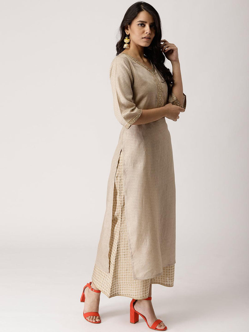 Beige Checkered Chanderi Kurta Set - Libas