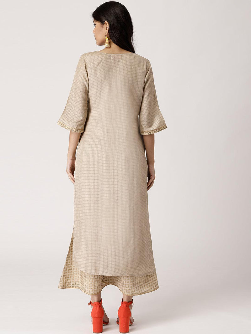 Beige Checkered Chanderi Kurta Set - Libas