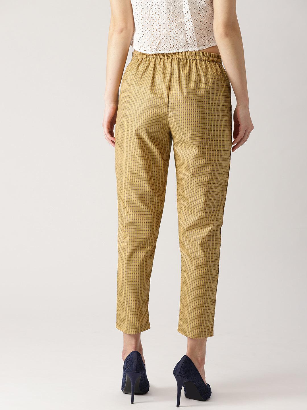 Beige Checkered Polyester Trousers - Libas