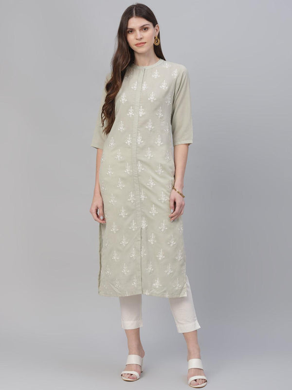 Beige Embroidered Cotton Kurta - Libas