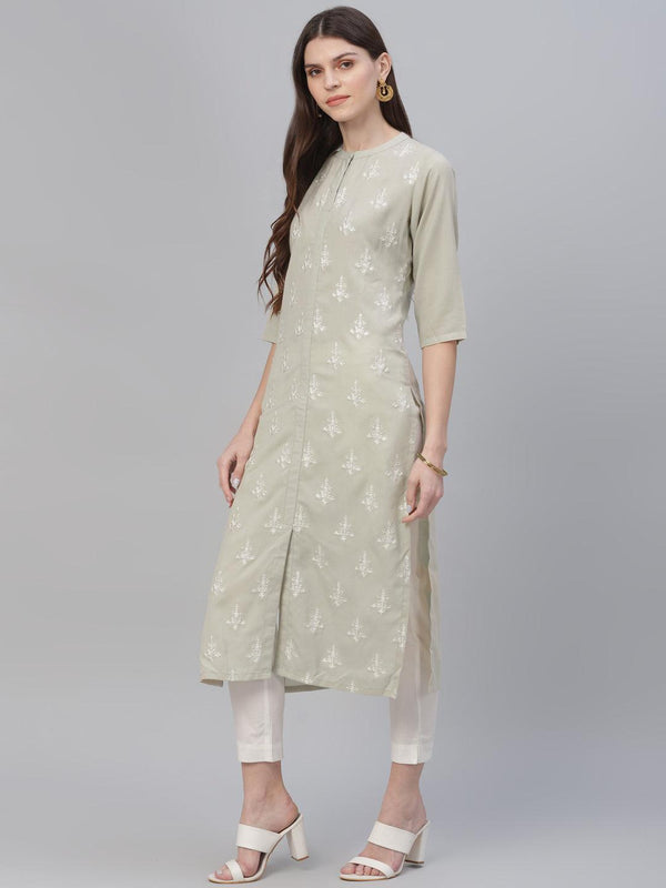 Beige Embroidered Cotton Kurta - Libas