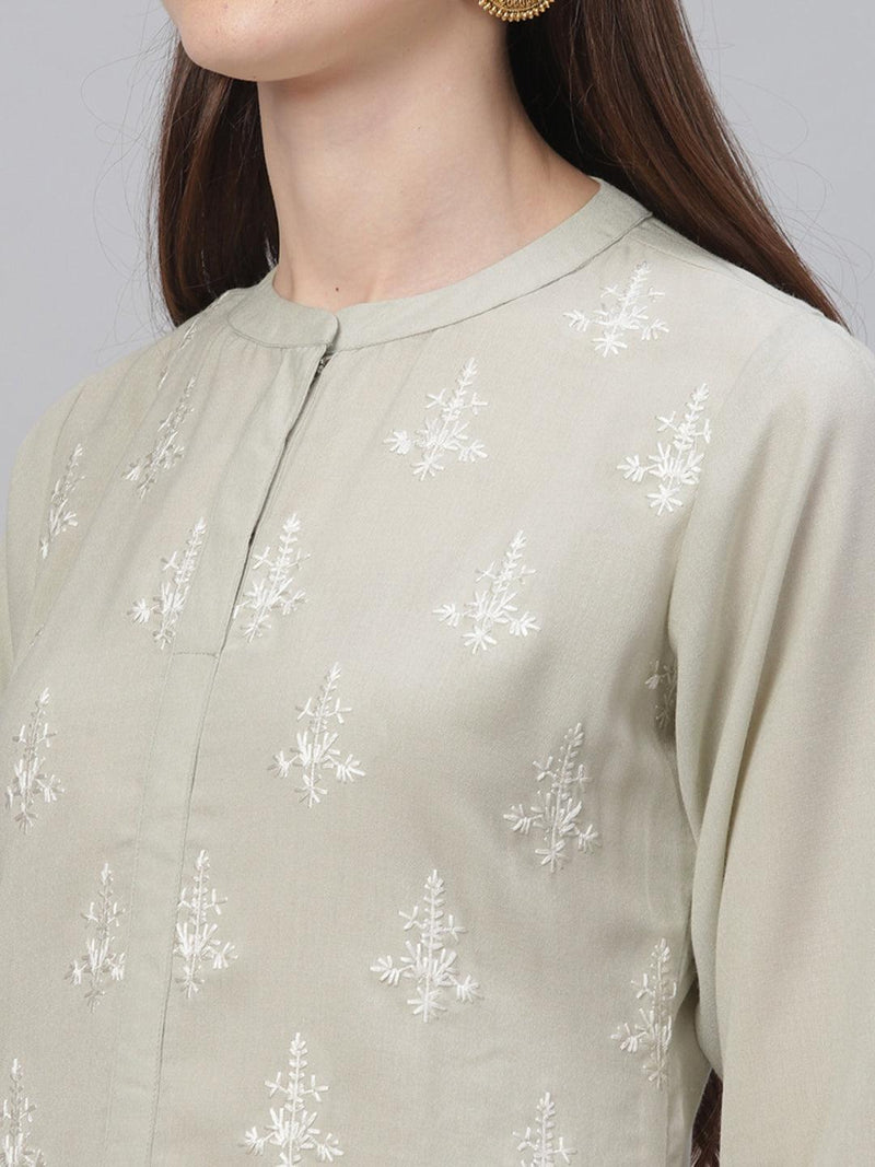 Beige Embroidered Cotton Kurta - Libas