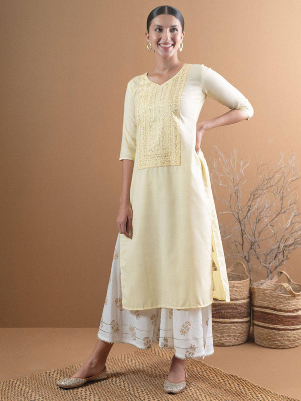 Beige Embroidered Cotton Kurta With Mask - Libas