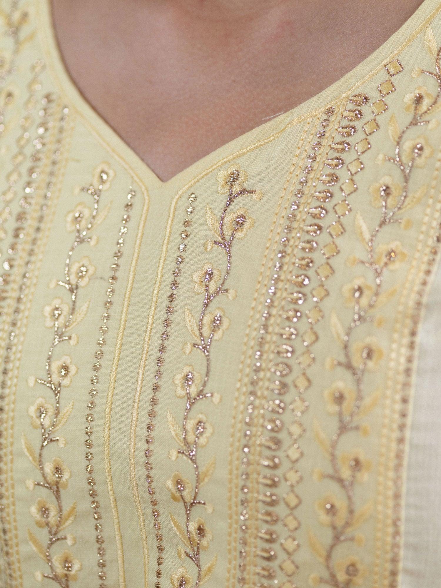 Beige Embroidered Cotton Kurta With Mask - Libas