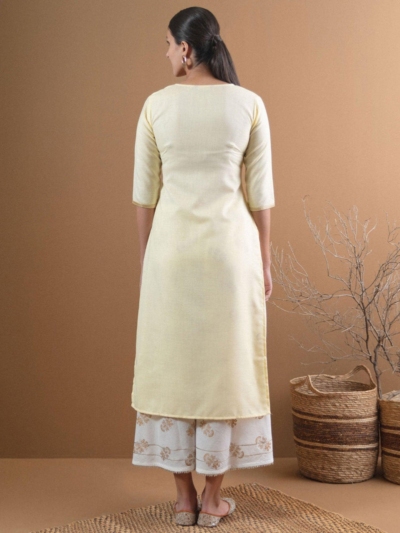 Beige Embroidered Cotton Kurta With Mask - Libas