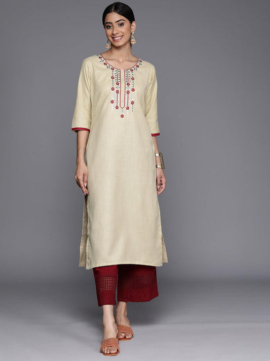 Beige Embroidered Cotton Straight Kurta - Libas