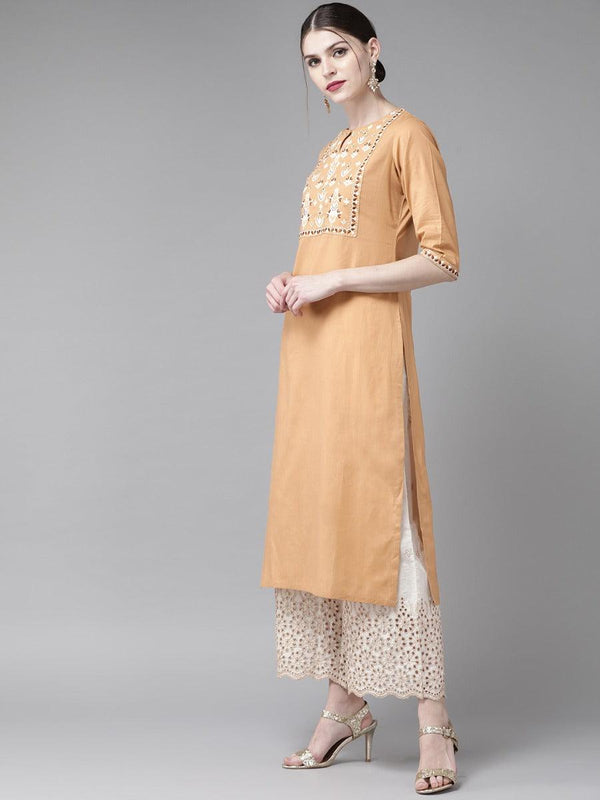 Beige Embroidered Cotton Kurta Set - Libas