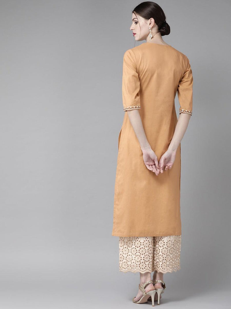 Beige Embroidered Cotton Kurta Set - Libas