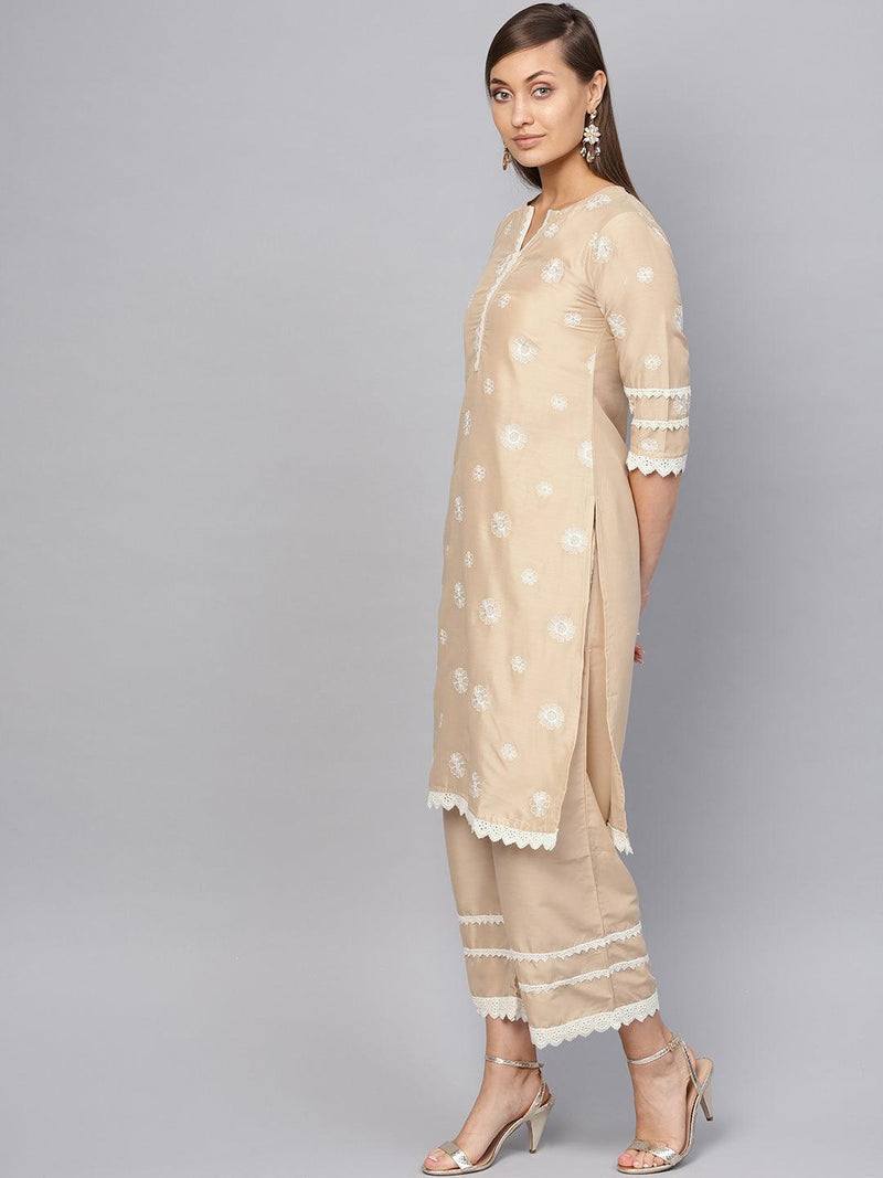 Beige Embroidered Muslin Kurta Set - Libas