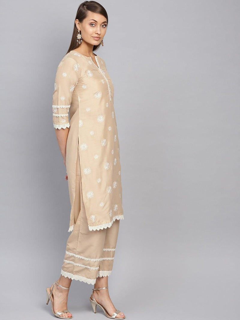 Beige Embroidered Muslin Kurta Set - Libas