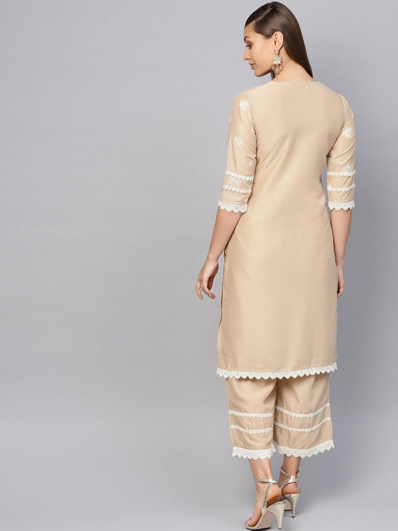 Beige Embroidered Muslin Kurta Set - Libas