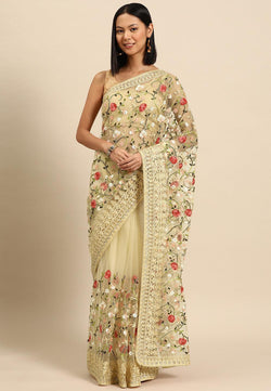 Beige Embroidered Net Saree - Libas