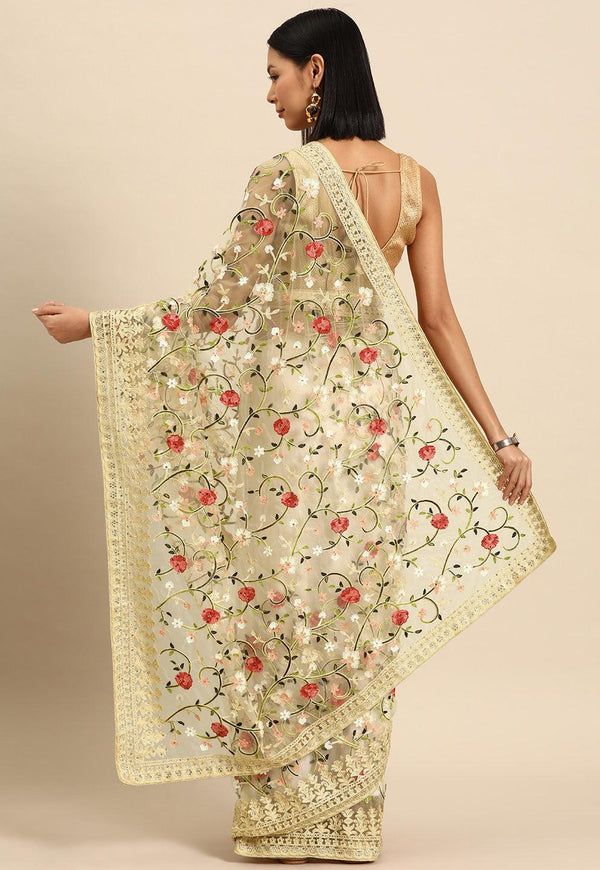 Beige Embroidered Net Saree - Libas