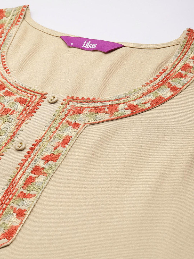 Beige Embroidered Pashmina Wool Straight Kurta - Libas