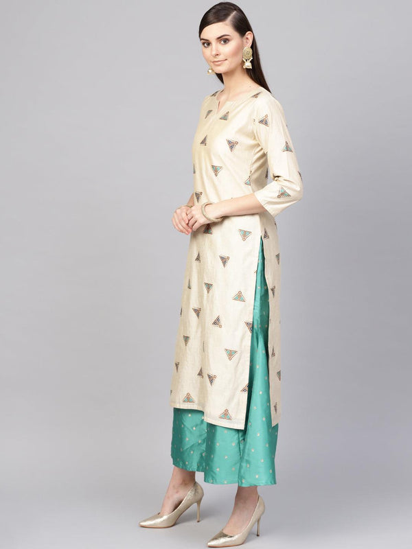 Beige Embroidered Polyester Kurta Set - Libas