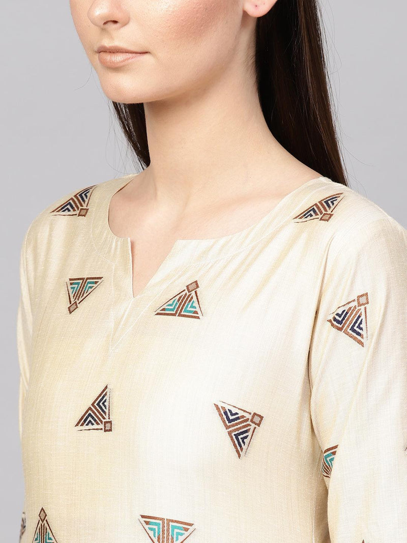 Beige Embroidered Polyester Kurta Set - Libas