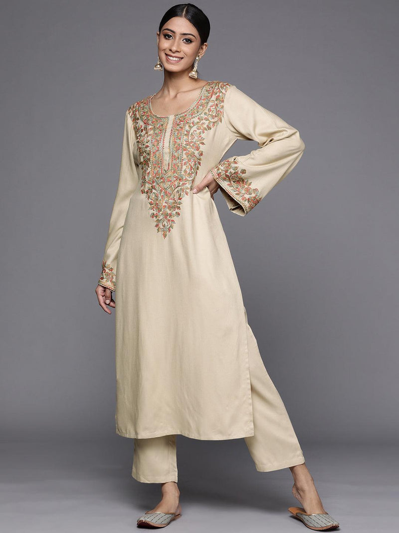 Beige Embroidered Rayon Kurta - Libas