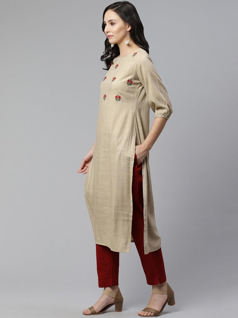 Beige Embroidered Rayon Kurta - Libas