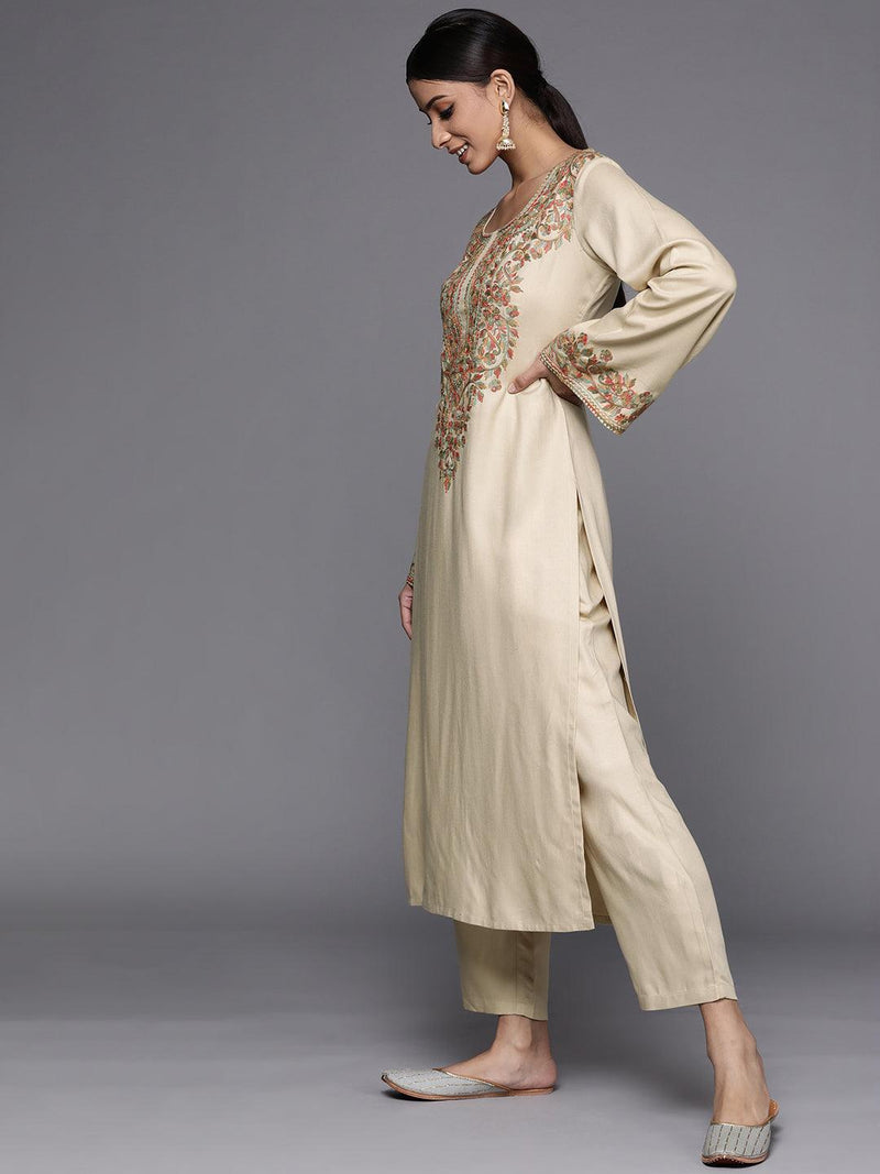 Beige Embroidered Rayon Kurta - Libas