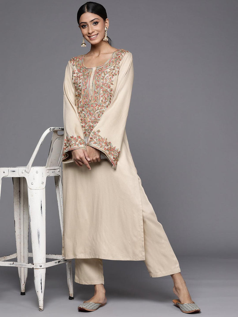 Beige Embroidered Rayon Kurta - Libas