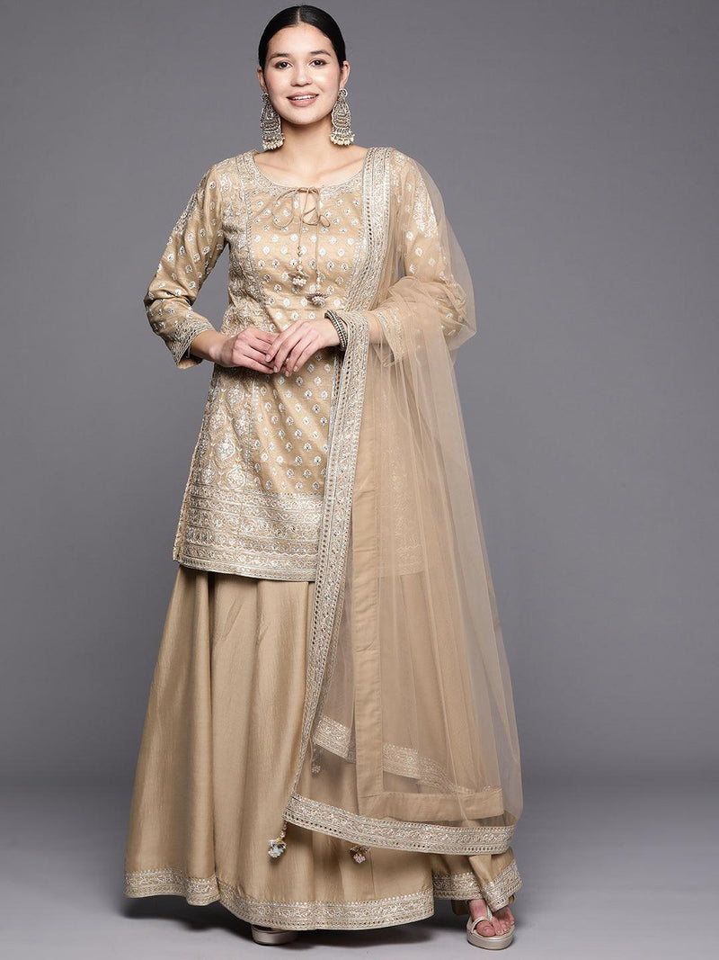 Beige Embroidered Silk Straight Suit Set - Libas