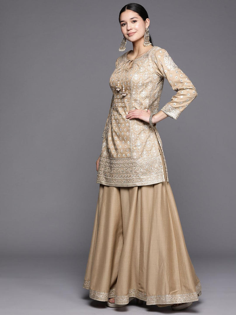 Beige Embroidered Silk Straight Suit Set - Libas