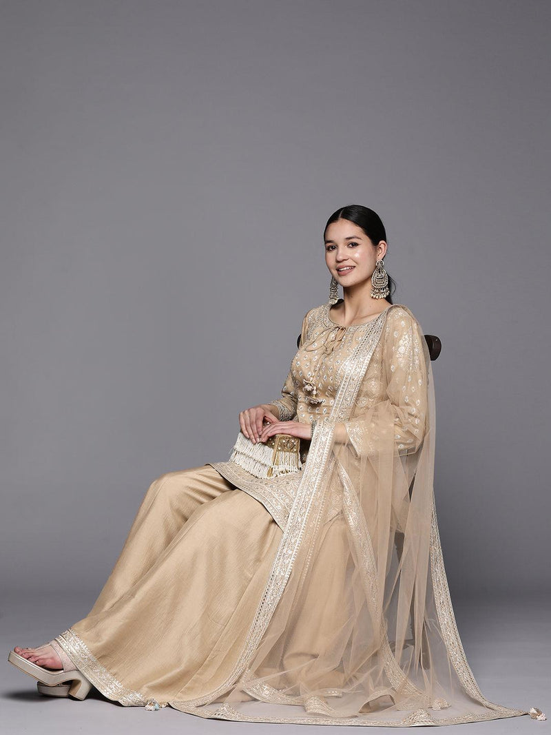 Beige Embroidered Silk Straight Suit Set - Libas