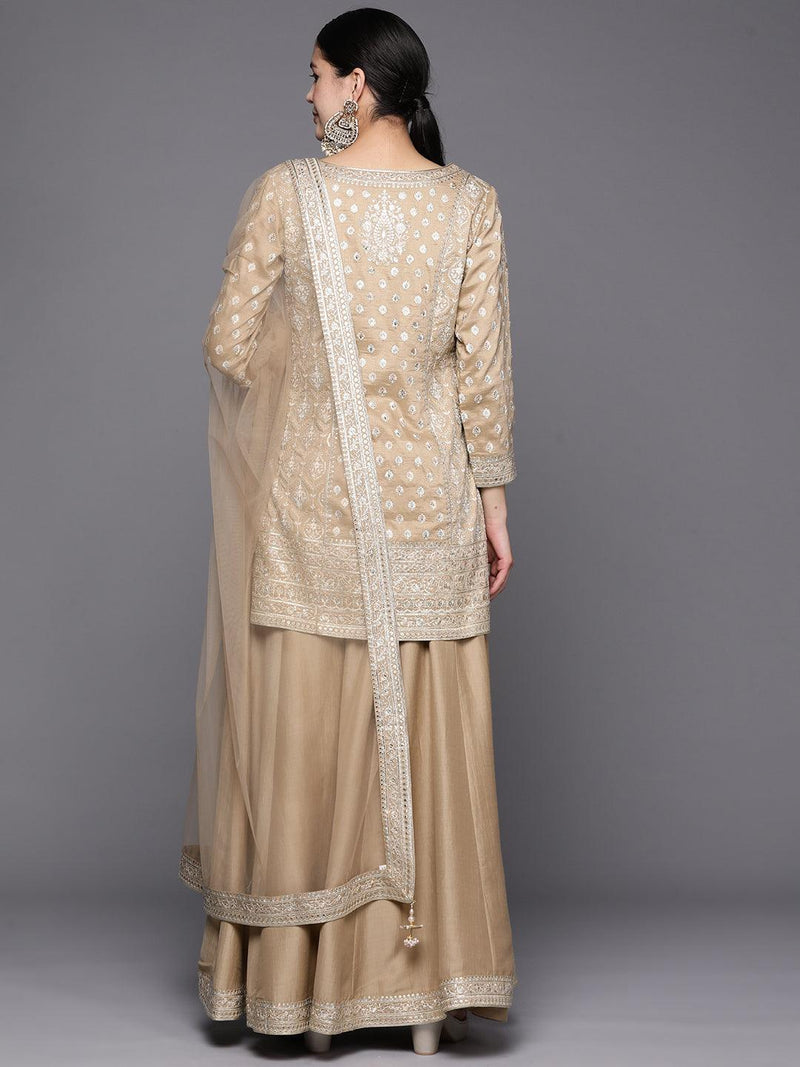 Beige Embroidered Silk Straight Suit Set - Libas