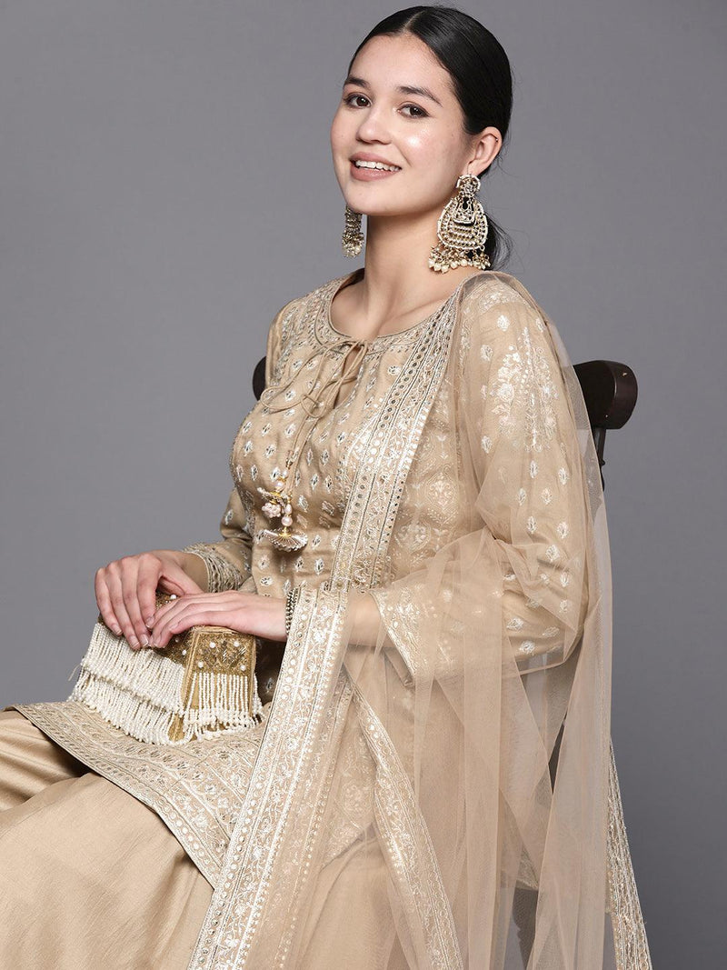 Beige Embroidered Silk Straight Suit Set - Libas