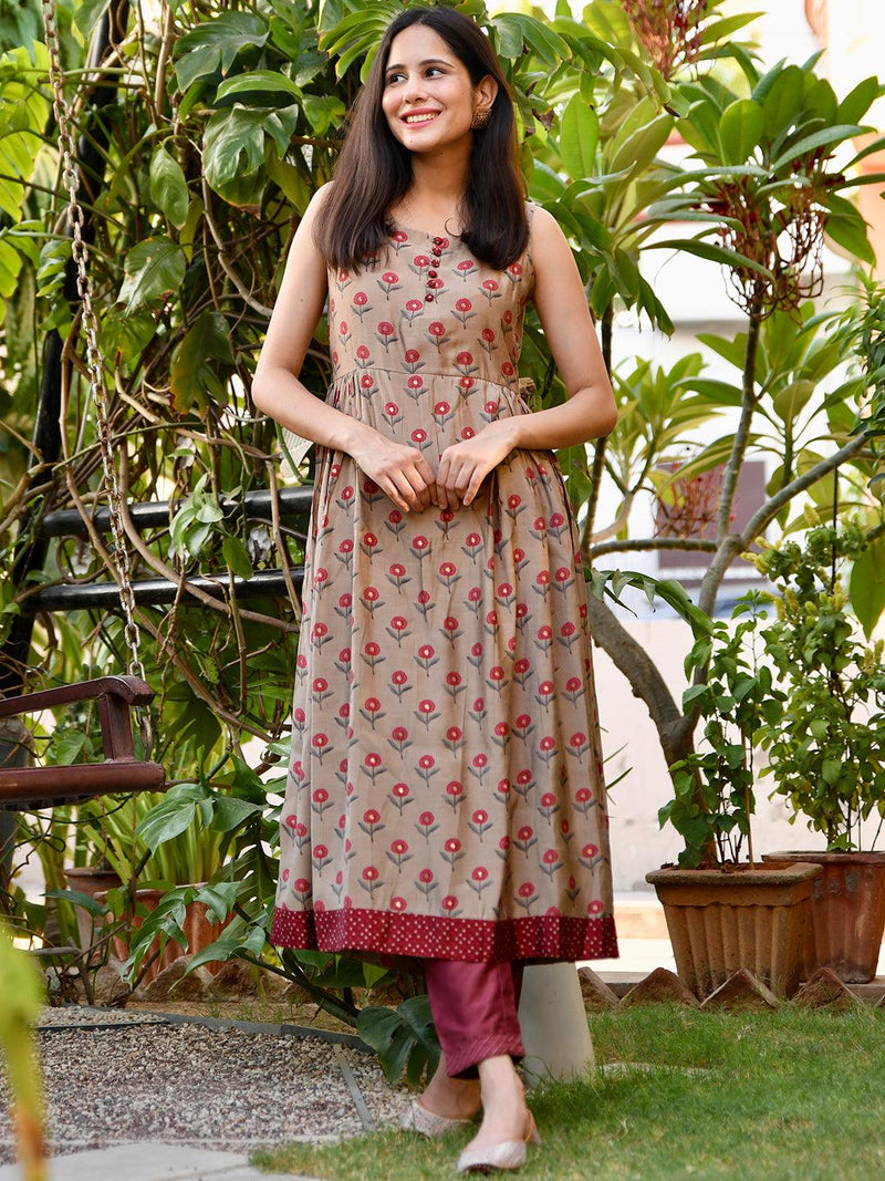 Beige Printed Chanderi Silk Kurta - Libas