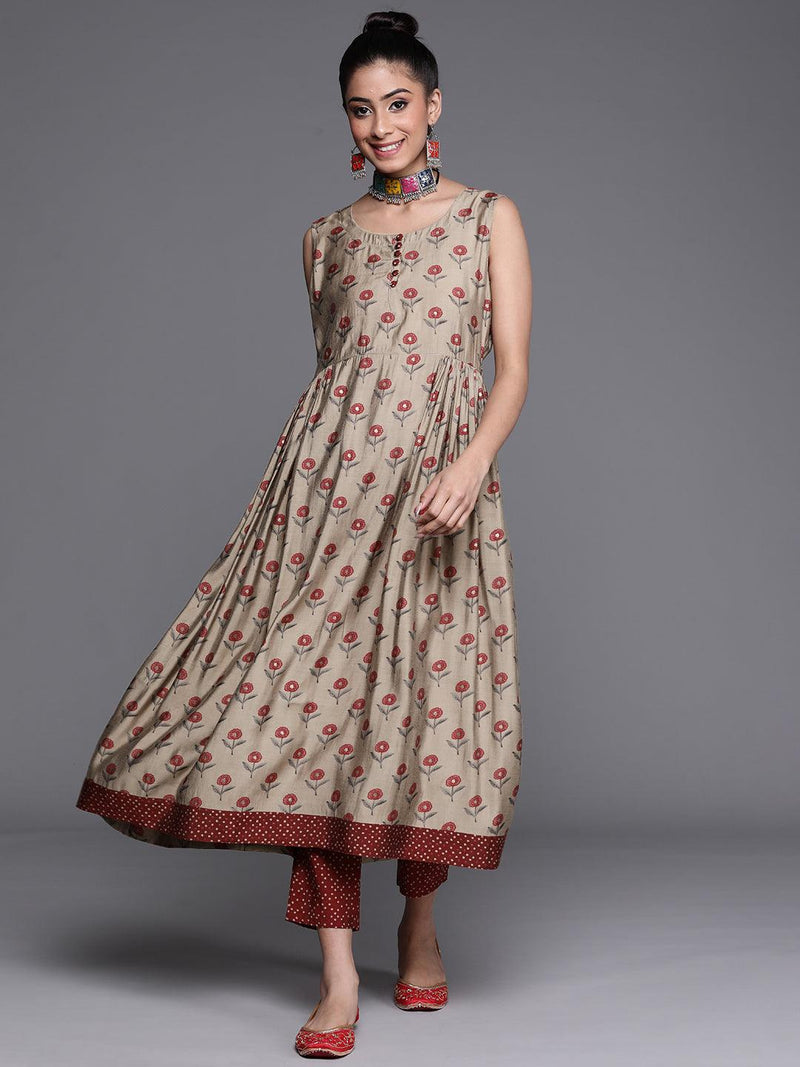 Beige Printed Chanderi Silk Kurta - Libas