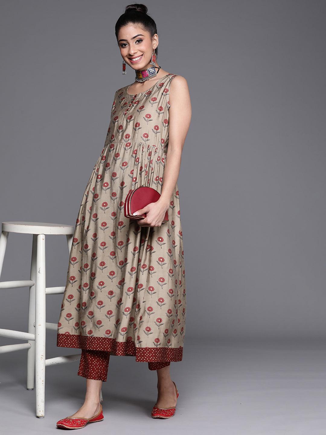 Beige Printed Chanderi Silk Kurta - Libas