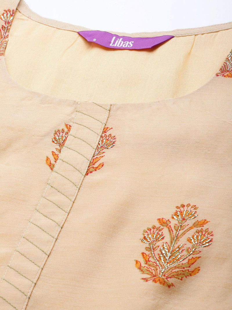 Beige Printed Chanderi Silk Suit Set - Libas