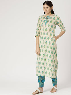 Beige Printed Cotton Kurta Set - Libas