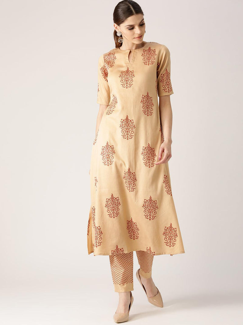 Beige Printed Cotton Kurta Set - Libas