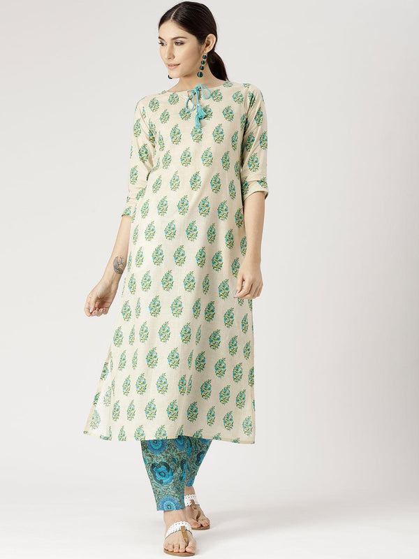 Beige Printed Cotton Kurta Set - Libas