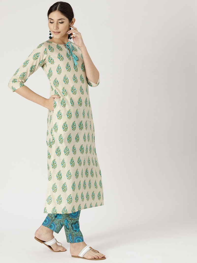 Beige Printed Cotton Kurta Set - Libas