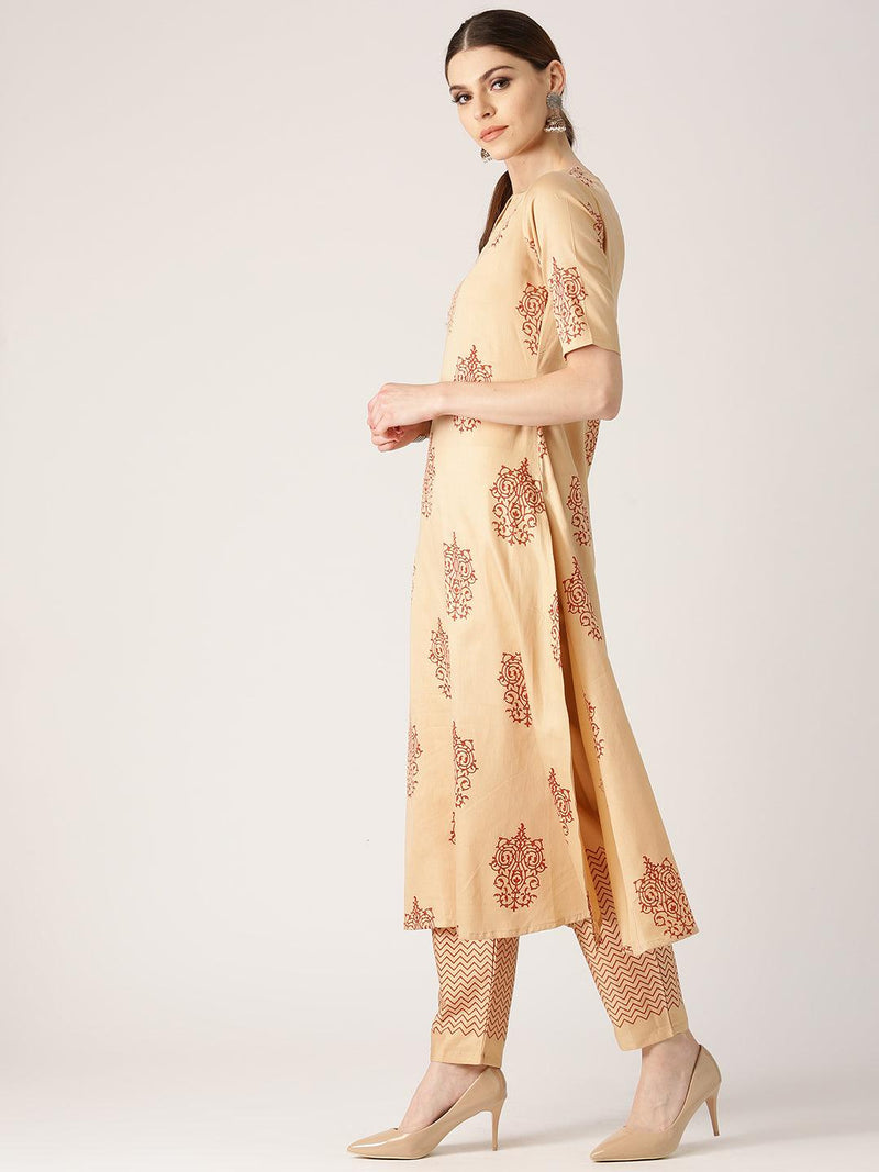 Beige Printed Cotton Kurta Set - Libas