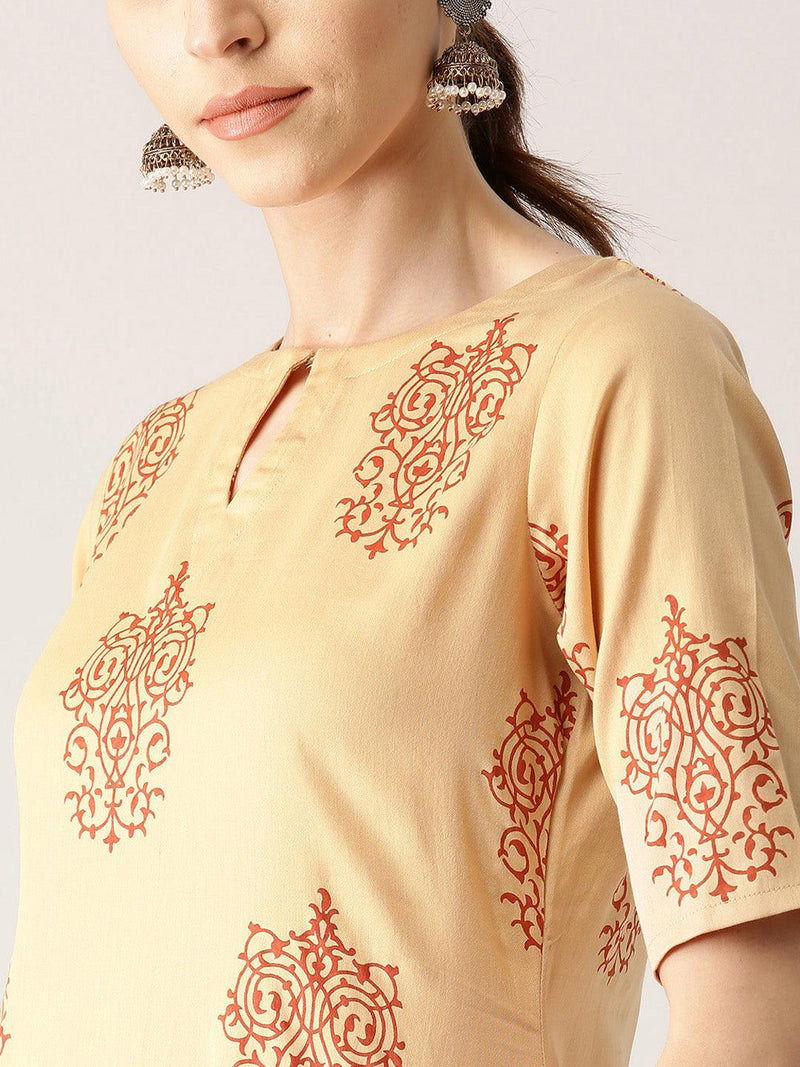 Beige Printed Cotton Kurta Set - Libas