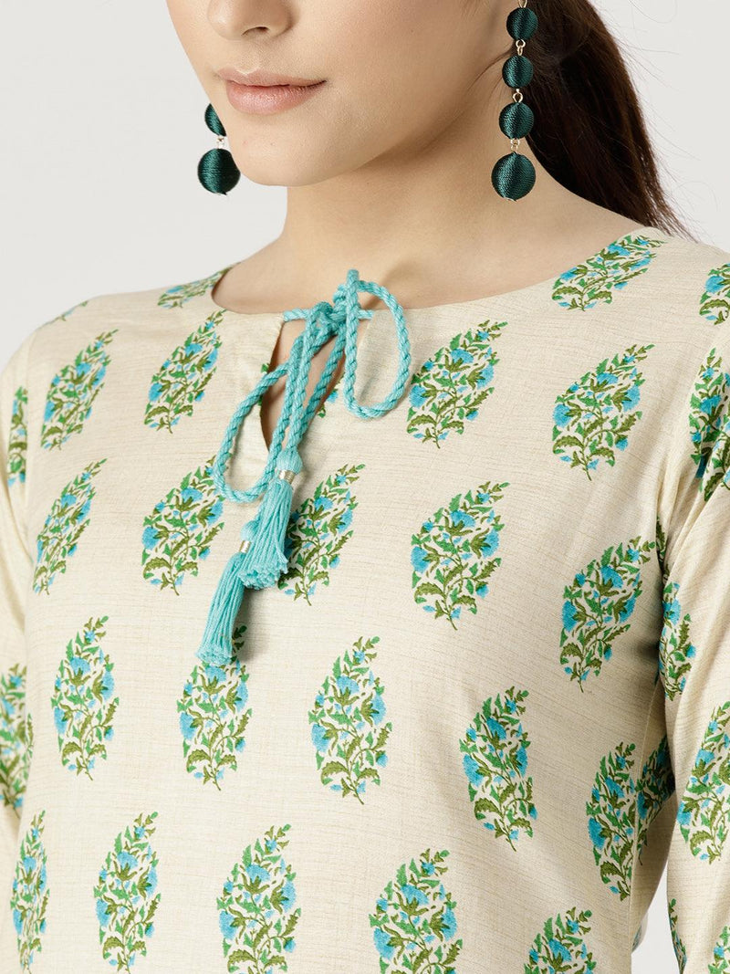 Beige Printed Cotton Kurta Set - Libas