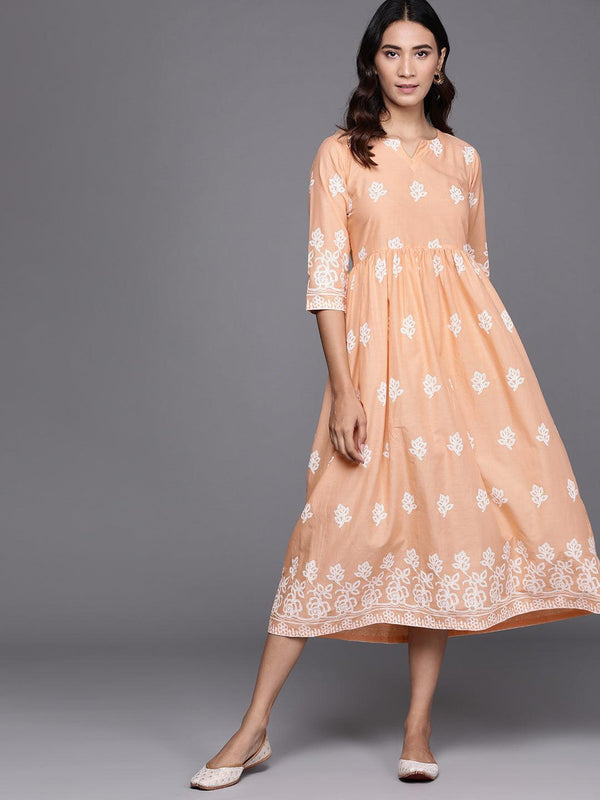 Beige Printed Cotton Dress - Libas