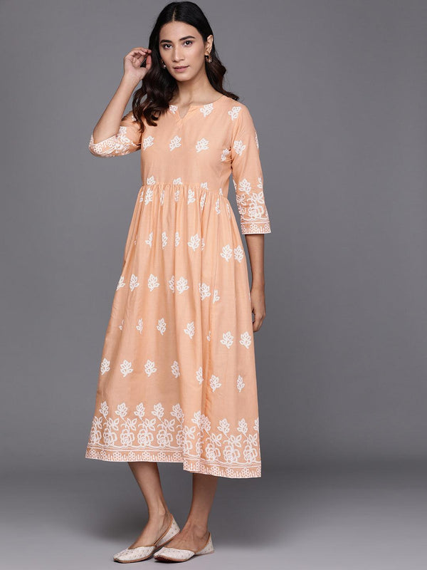 Beige Printed Cotton Dress - Libas