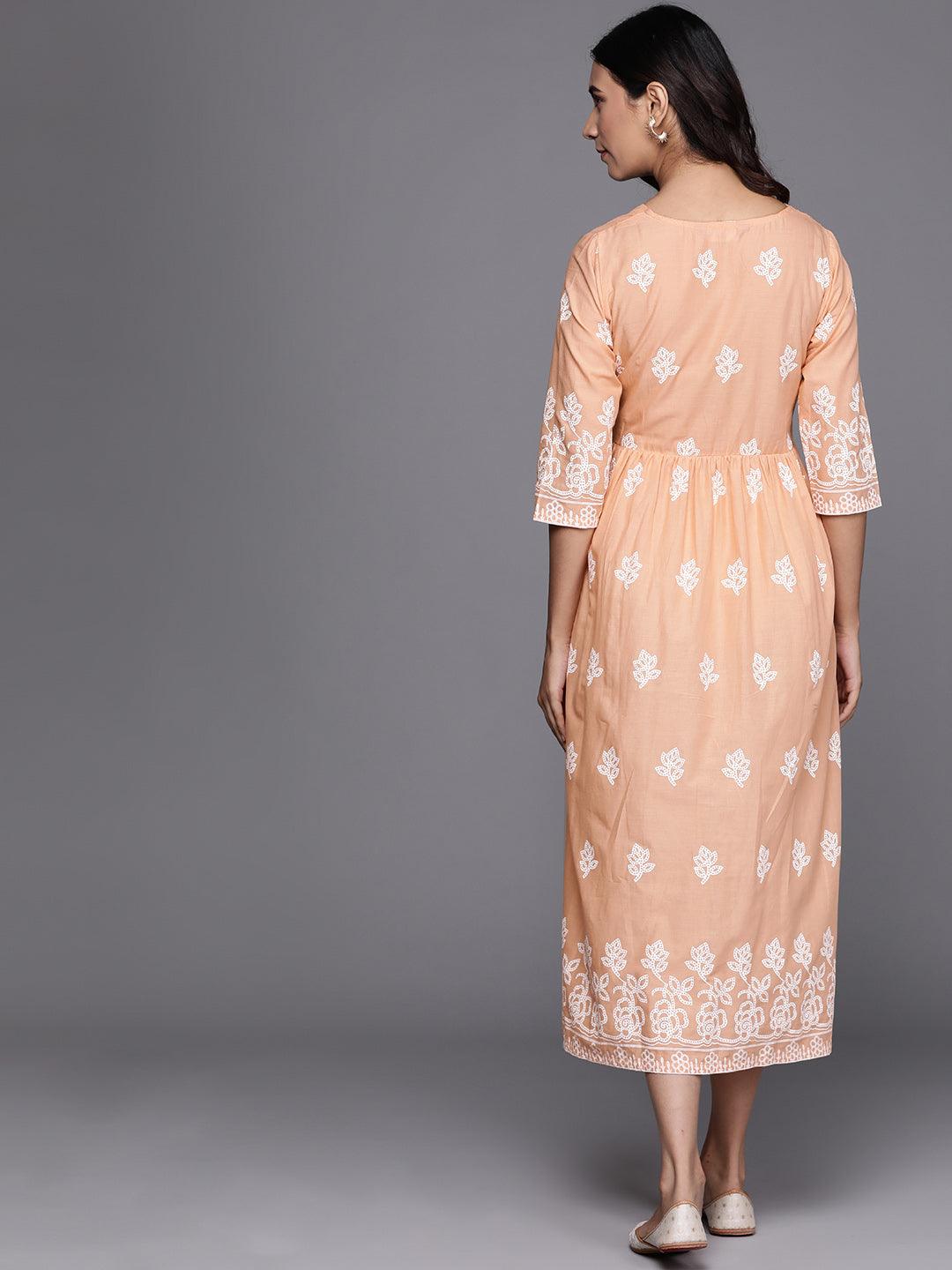 Beige Printed Cotton Dress - Libas