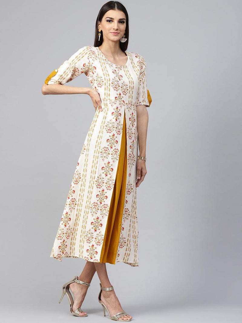 Beige Printed Cotton Dress - Libas