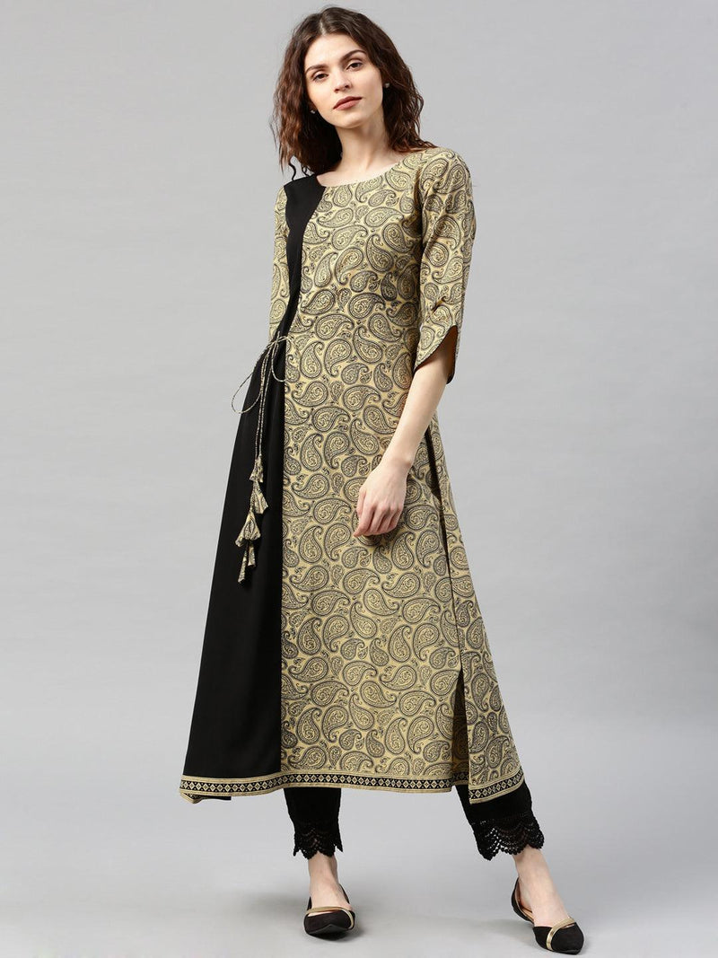 Beige Printed Cotton Kurta - Libas