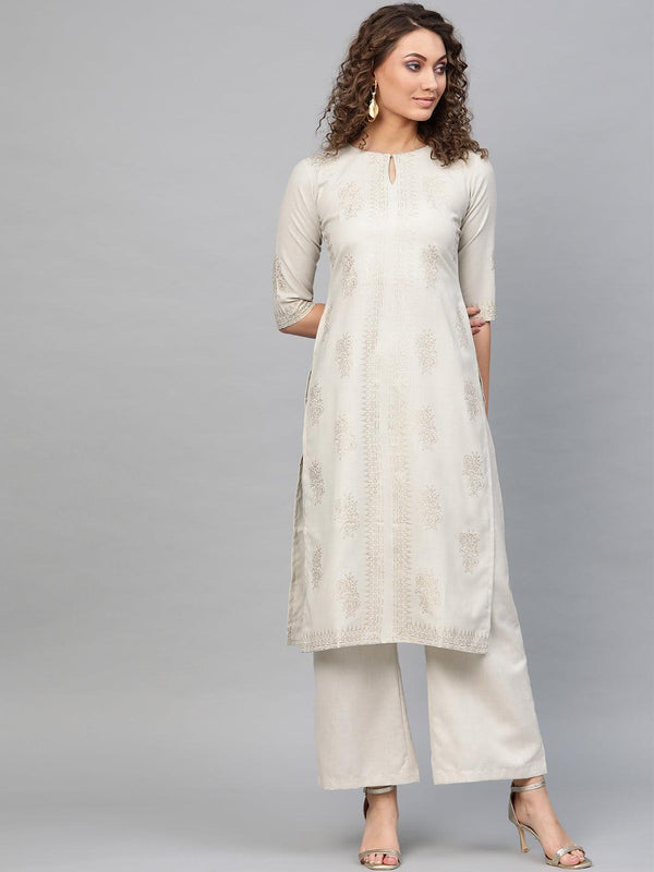 Beige Printed Cotton Kurta - Libas