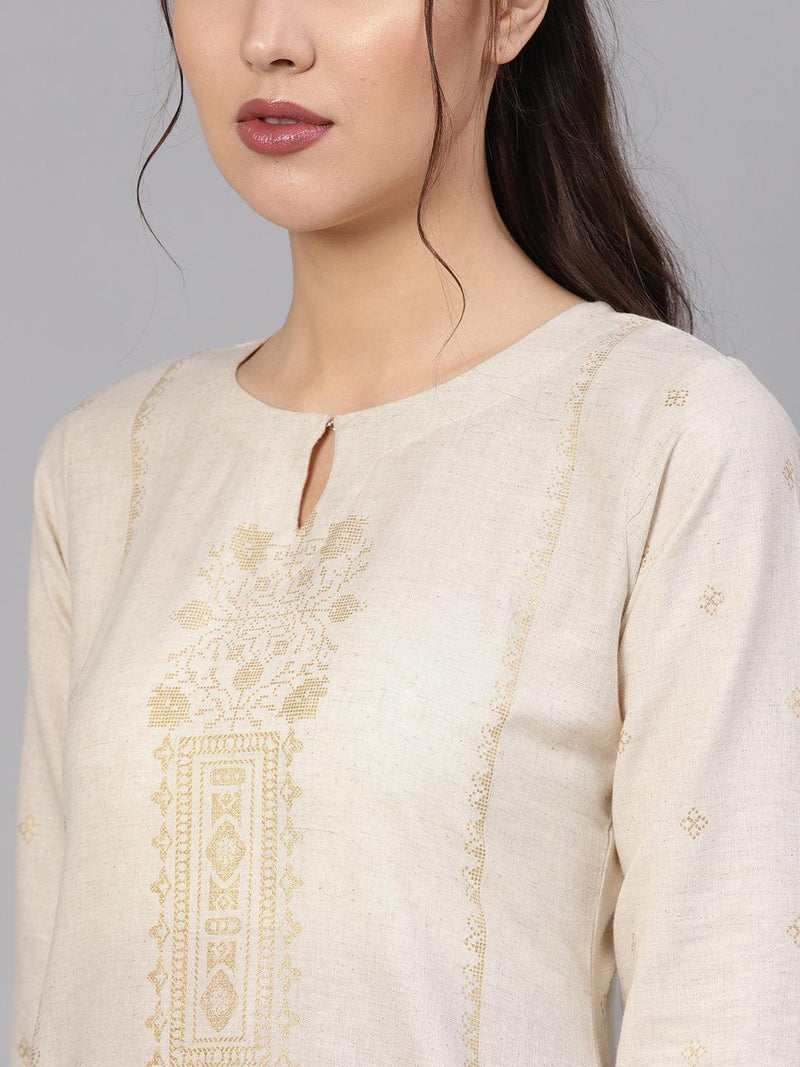 Beige Printed Cotton Kurta - Libas