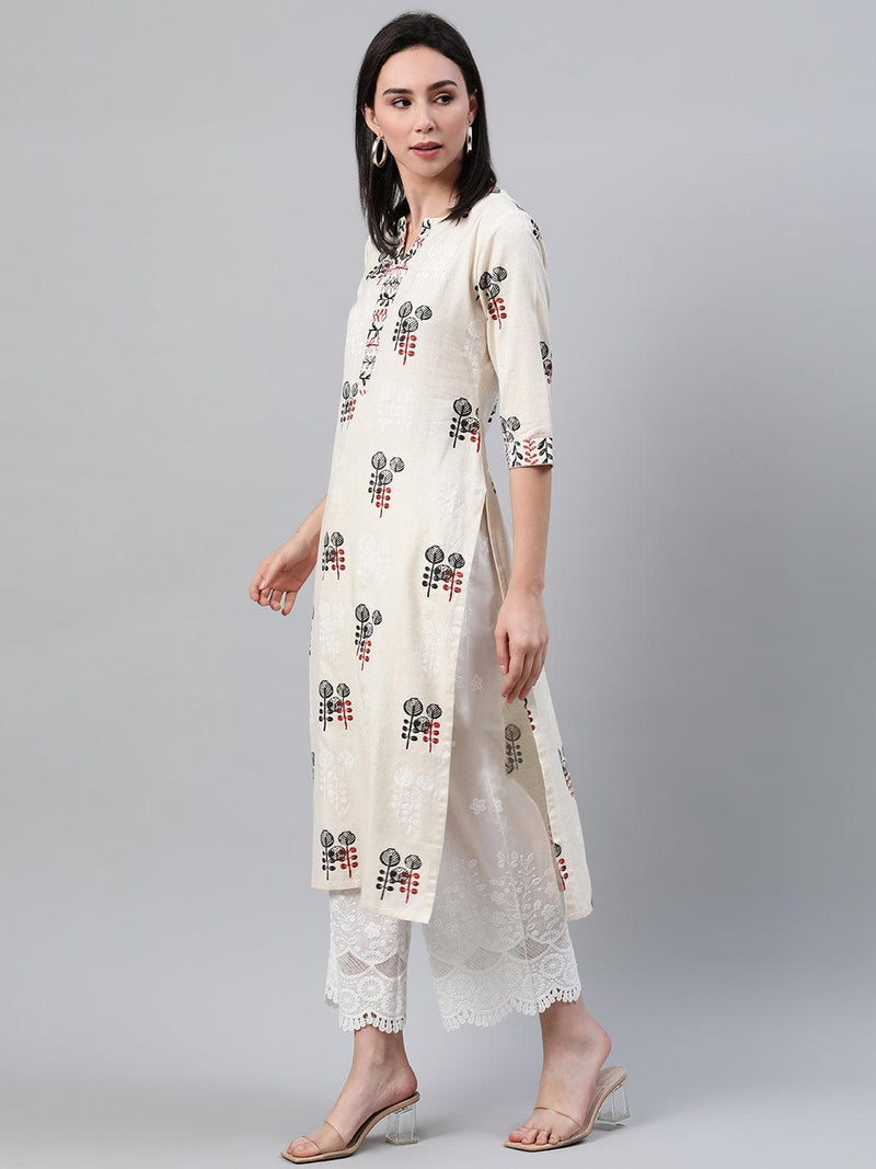 Beige Printed Cotton Kurta - Libas