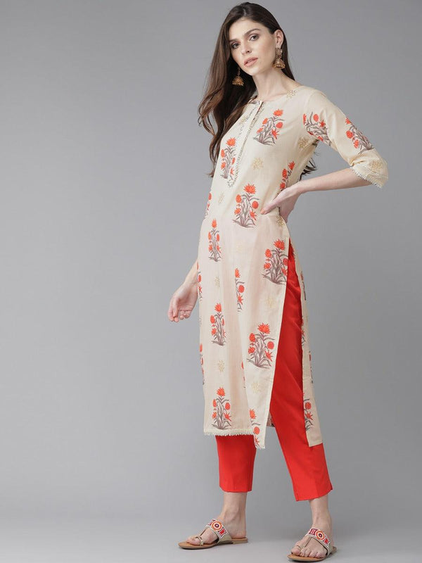 Beige Printed Cotton Kurta - Libas