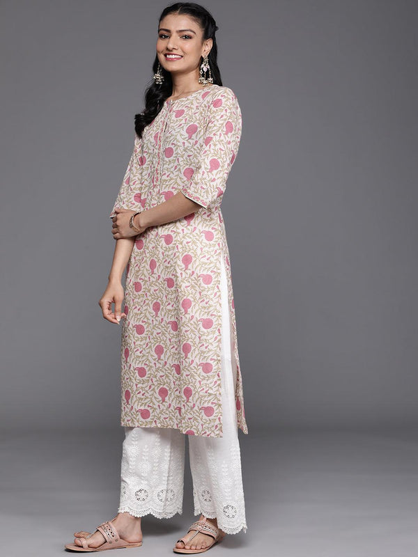 Beige Printed Cotton Kurta - Libas